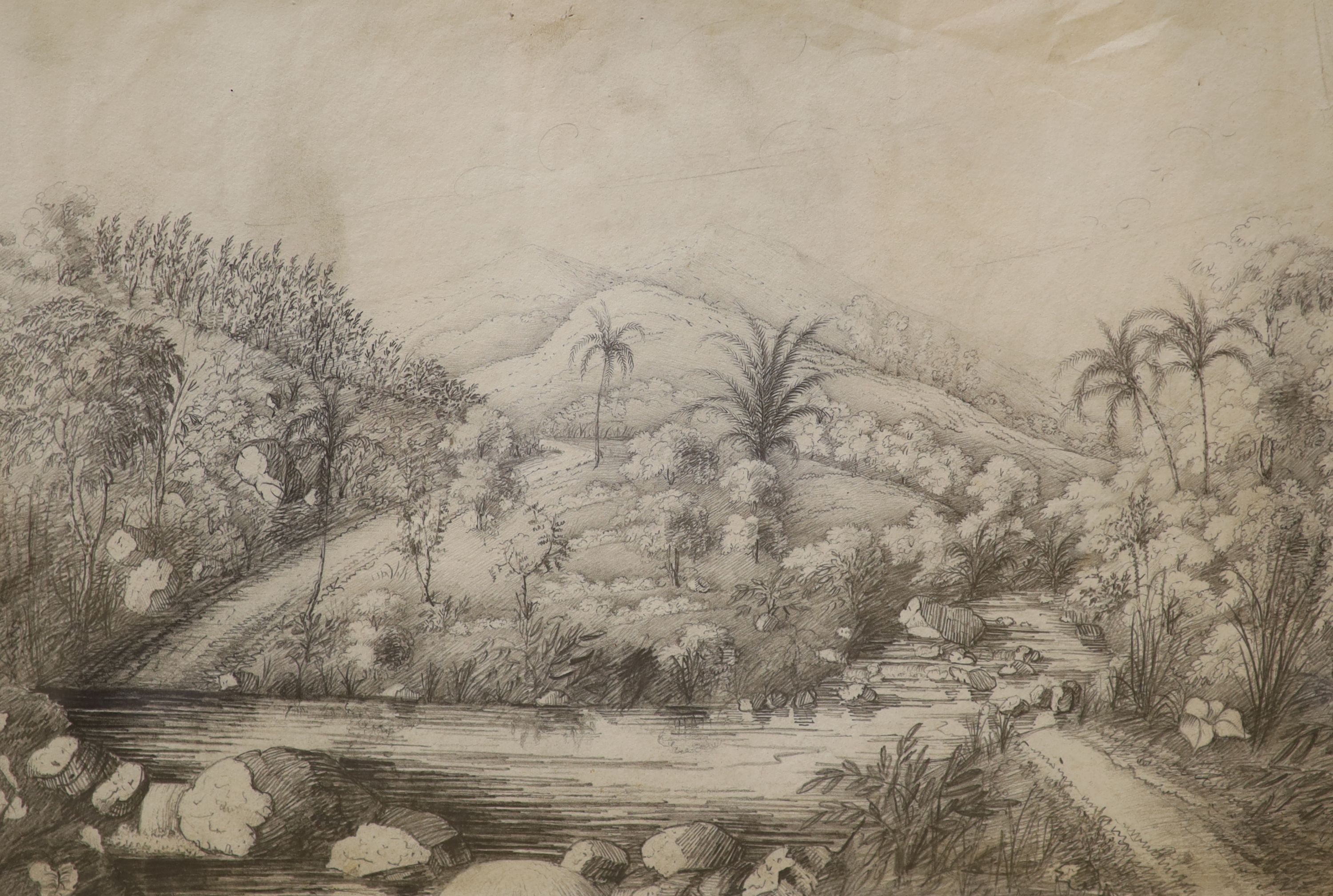 H. de'Anglebarmes 1822, pencil on paper, View of the garden on Tabery Estate, Whatman Turkey Mill 1821, West Indies, inscribed in pencil verso, 23 x 34cm